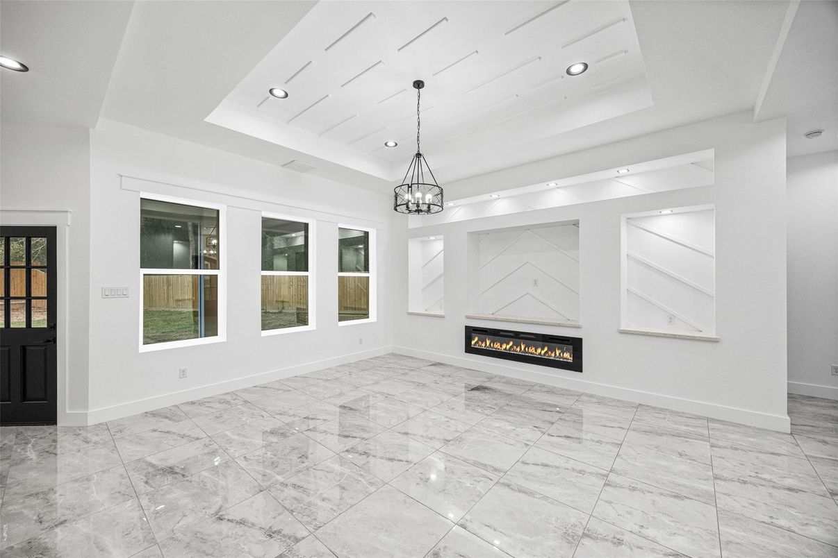 Empty room, Fireplace, Interior, Marble, Pendant Lights, Recessed Lighting