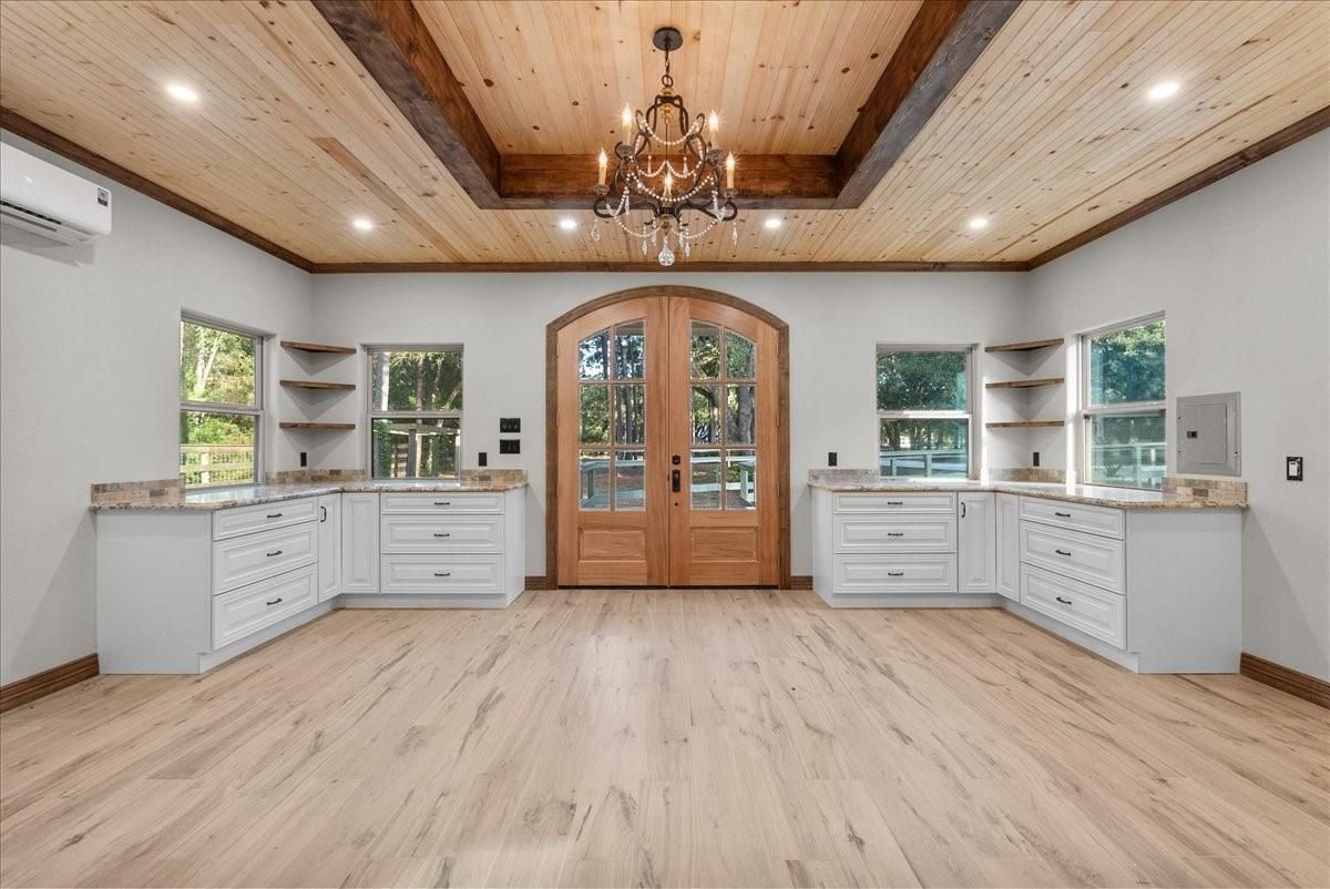 Chandelier, Interior, Recessed Lighting, Wooden Beams, Wooden Ceilings, Wood Texture Flooring
