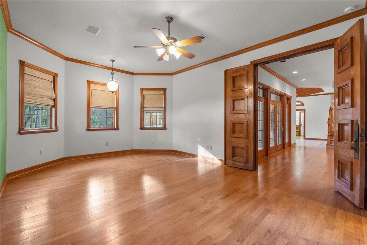 Empty room, Fireplace, Interior, Pendant Lights, Recessed Lighting, Wood Texture Flooring