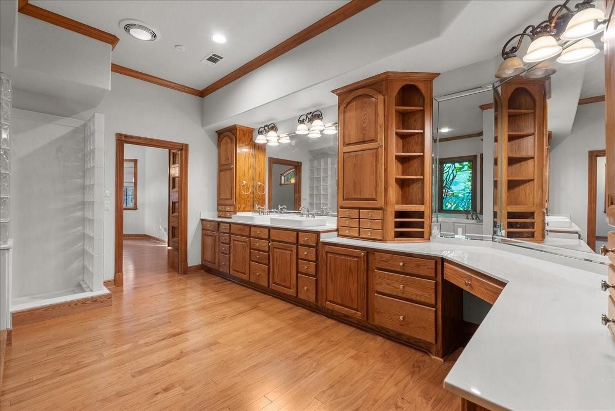 Bathroom, Dual Sink Vanities, Interior, Recessed Lighting, Wood Texture Flooring