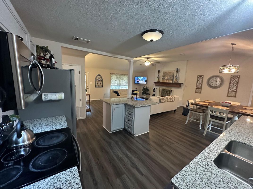 Dining room, Interior, Pendant Lights, Wood Texture Flooring