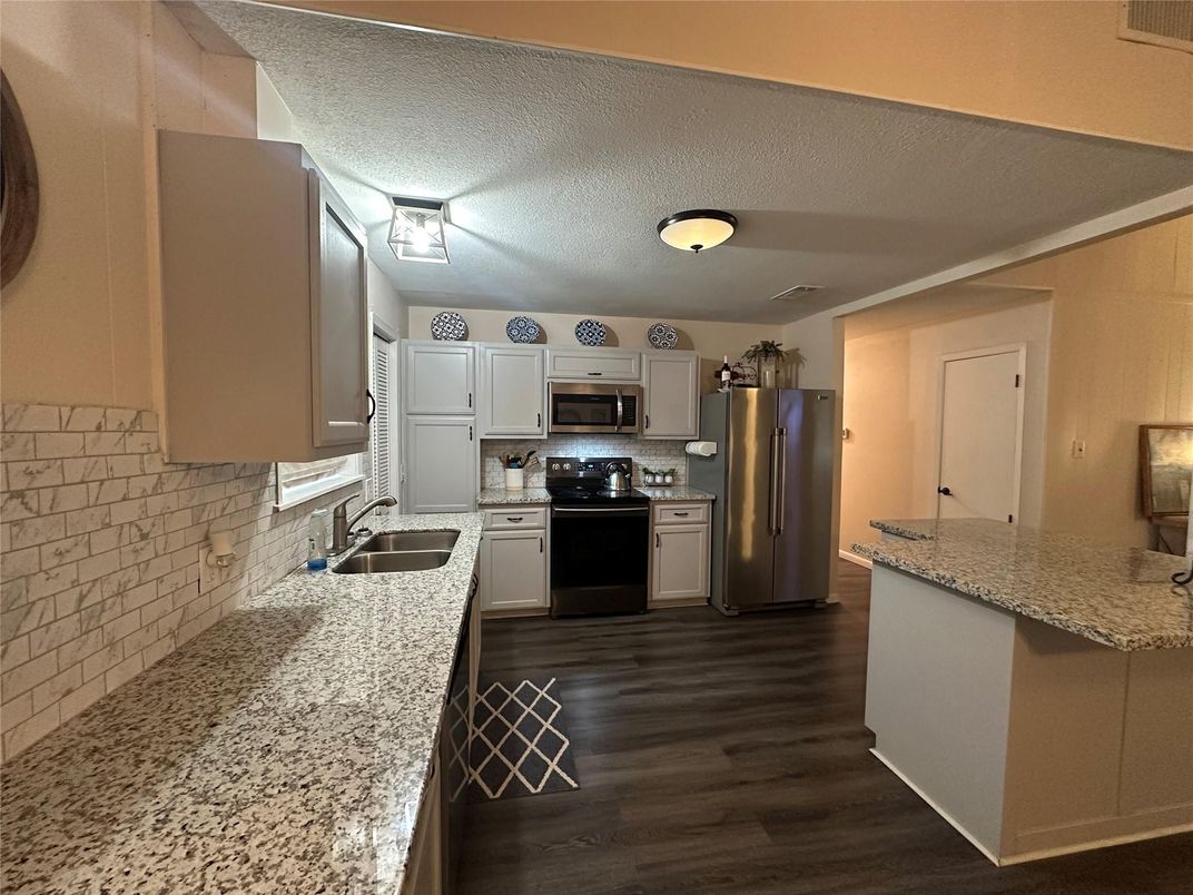 Interior, Kitchen, Stainless Steel Appliances, Stone Walls, Wood Texture Flooring