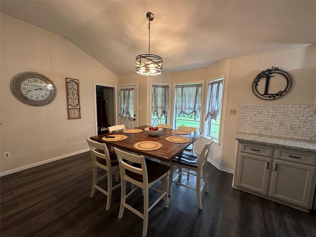 Dining room, Interior, Pendant Lights, Wood Texture Flooring