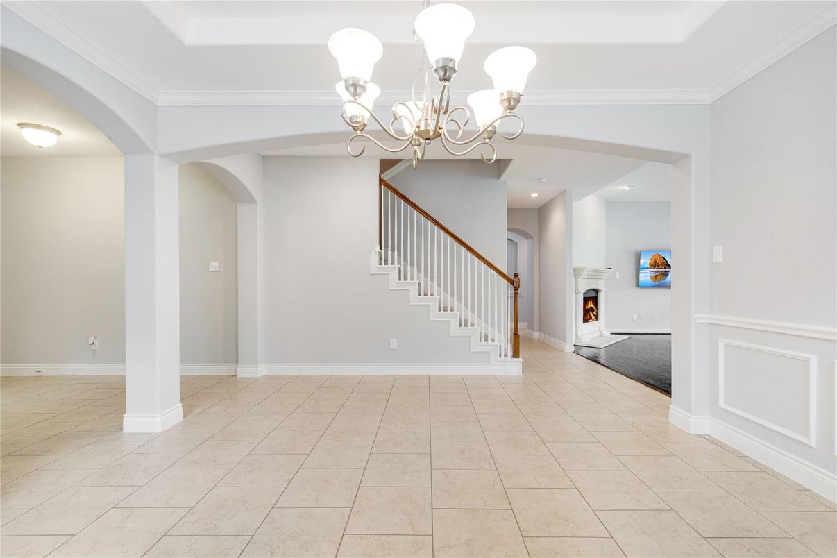 Chandelier, Empty room, Fireplace, Interior, Recessed Lighting