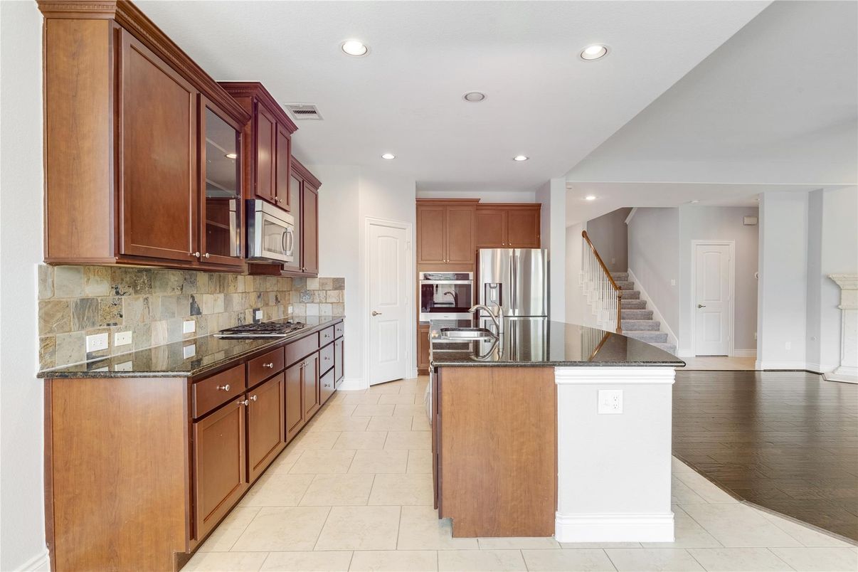 Interior, Kitchen, Recessed Lighting, Stainless Steel Appliances, Wood Texture Flooring