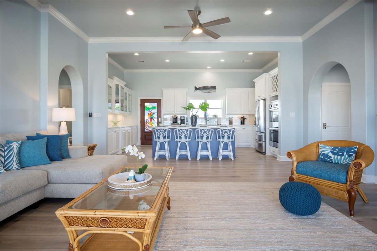 Interior, Kitchen, Living room, Recessed Lighting, Stainless Steel Appliances, Wood Texture Flooring