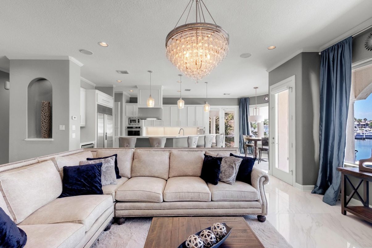 Chandelier, Interior, Kitchen, Living room, Marble, Pendant Lights, Recessed Lighting, Stainless Steel Appliances, Water