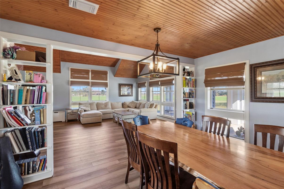 Dining room, Interior, Living room, Pendant Lights, Wooden Ceilings, Wood Texture Flooring