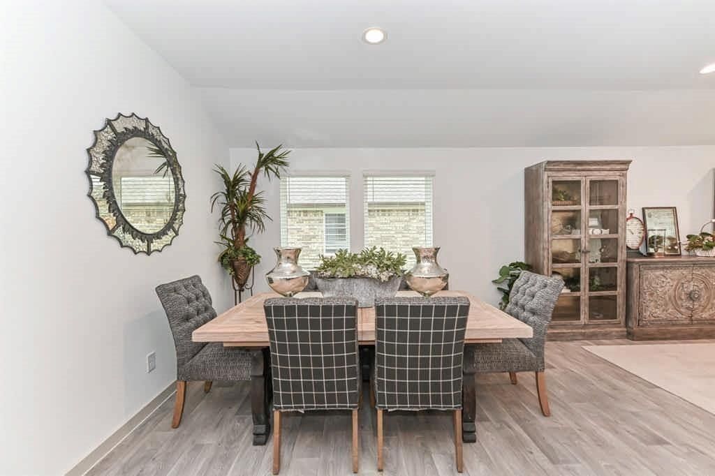 Dining room, Interior, Recessed Lighting, Wood Texture Flooring
