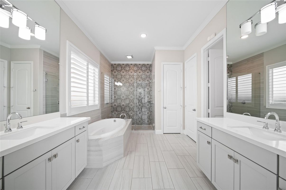 Bathroom, Dual Sink Vanities, Glass Shower, Interior, Recessed Lighting