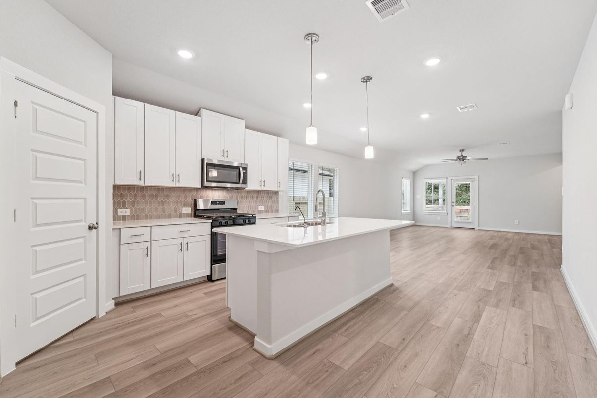 Interior, Kitchen, Pendant Lights, Recessed Lighting, Wood Texture Flooring