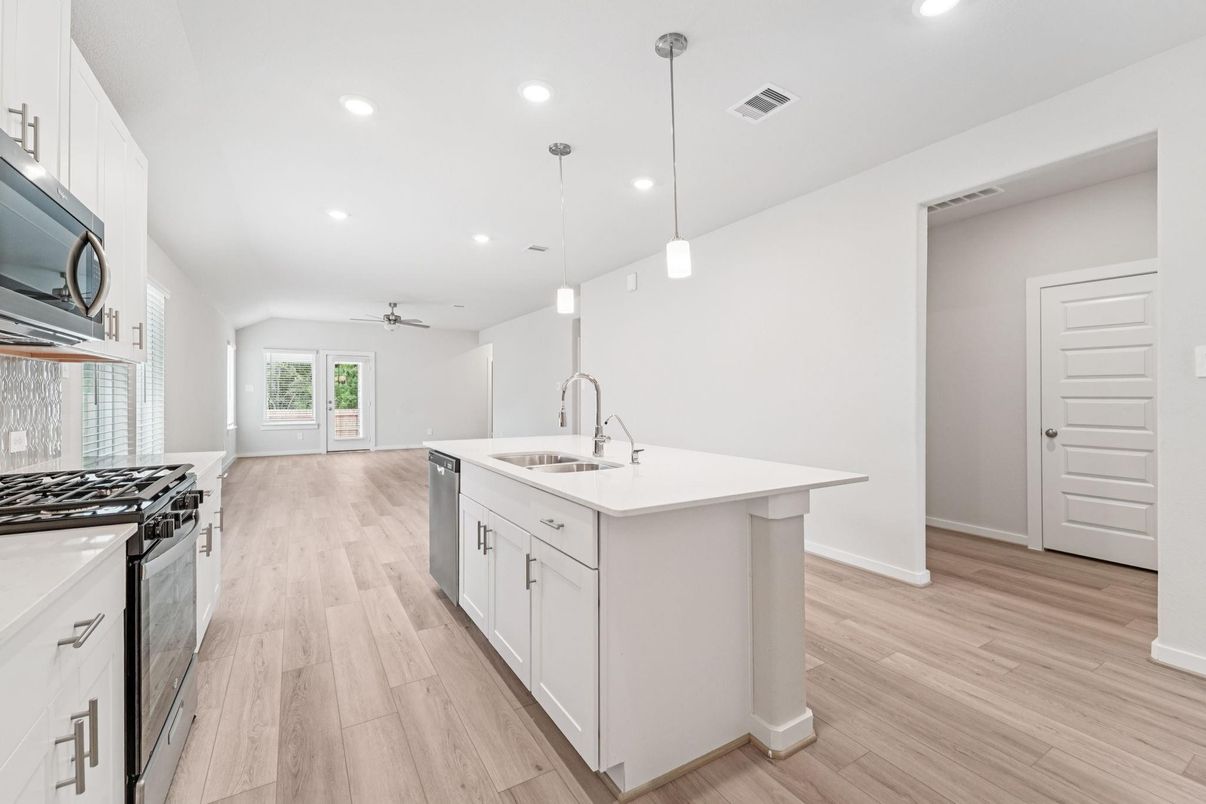 Interior, Kitchen, Pendant Lights, Recessed Lighting, Wood Texture Flooring