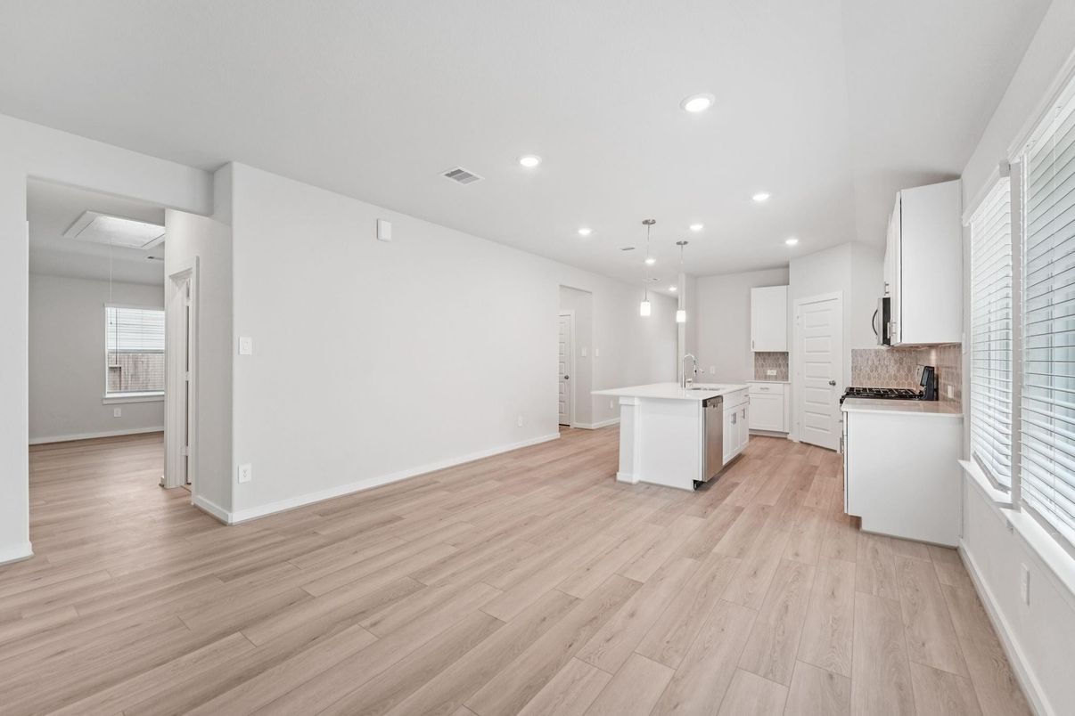 Empty room, Interior, Kitchen, Pendant Lights, Recessed Lighting, Wood Texture Flooring