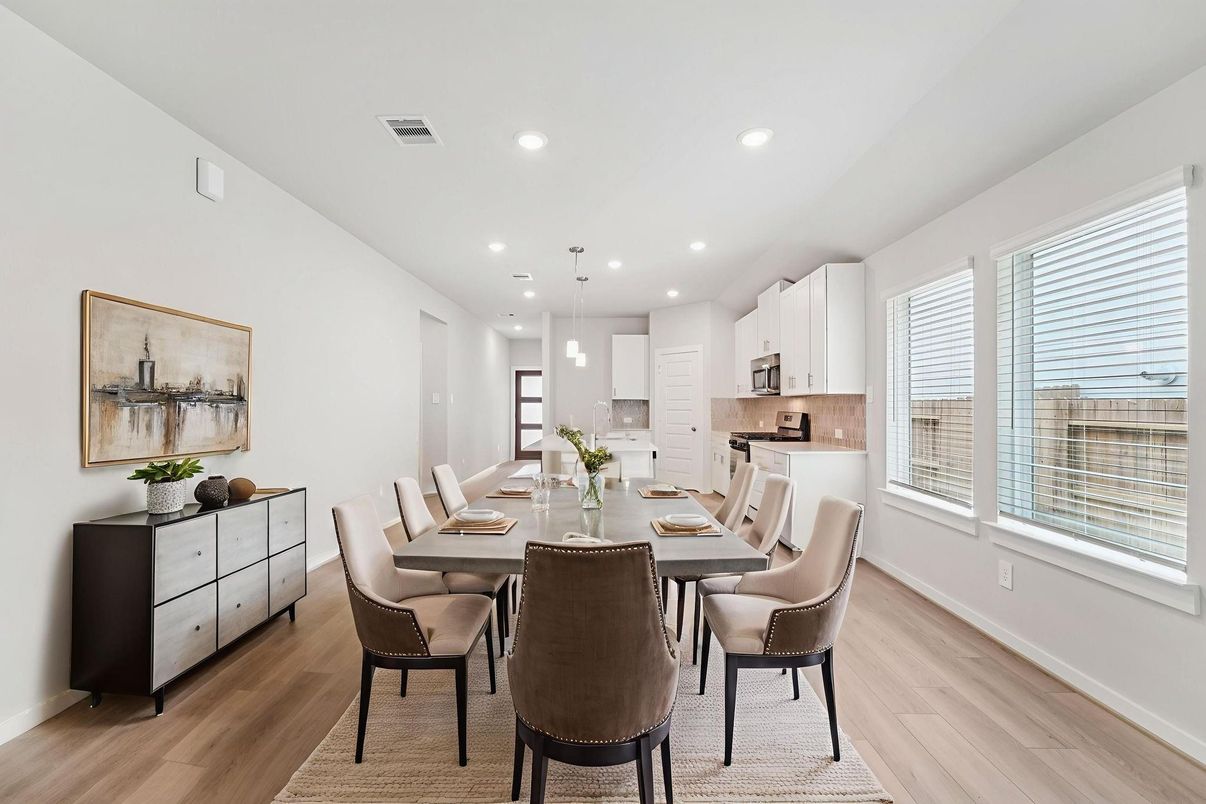 Dining room, Interior, Kitchen, Pendant Lights, Recessed Lighting, Wood Texture Flooring
