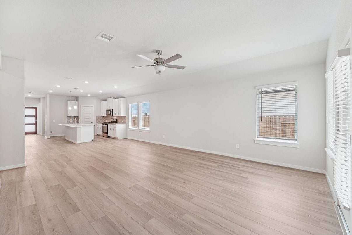 Empty room, Interior, Kitchen, Pendant Lights, Recessed Lighting, Wood Texture Flooring