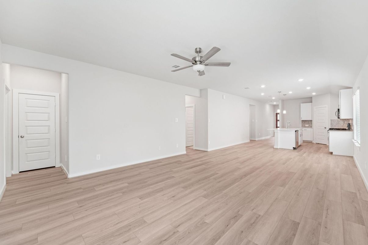 Empty room, Interior, Kitchen, Pendant Lights, Recessed Lighting, Wood Texture Flooring
