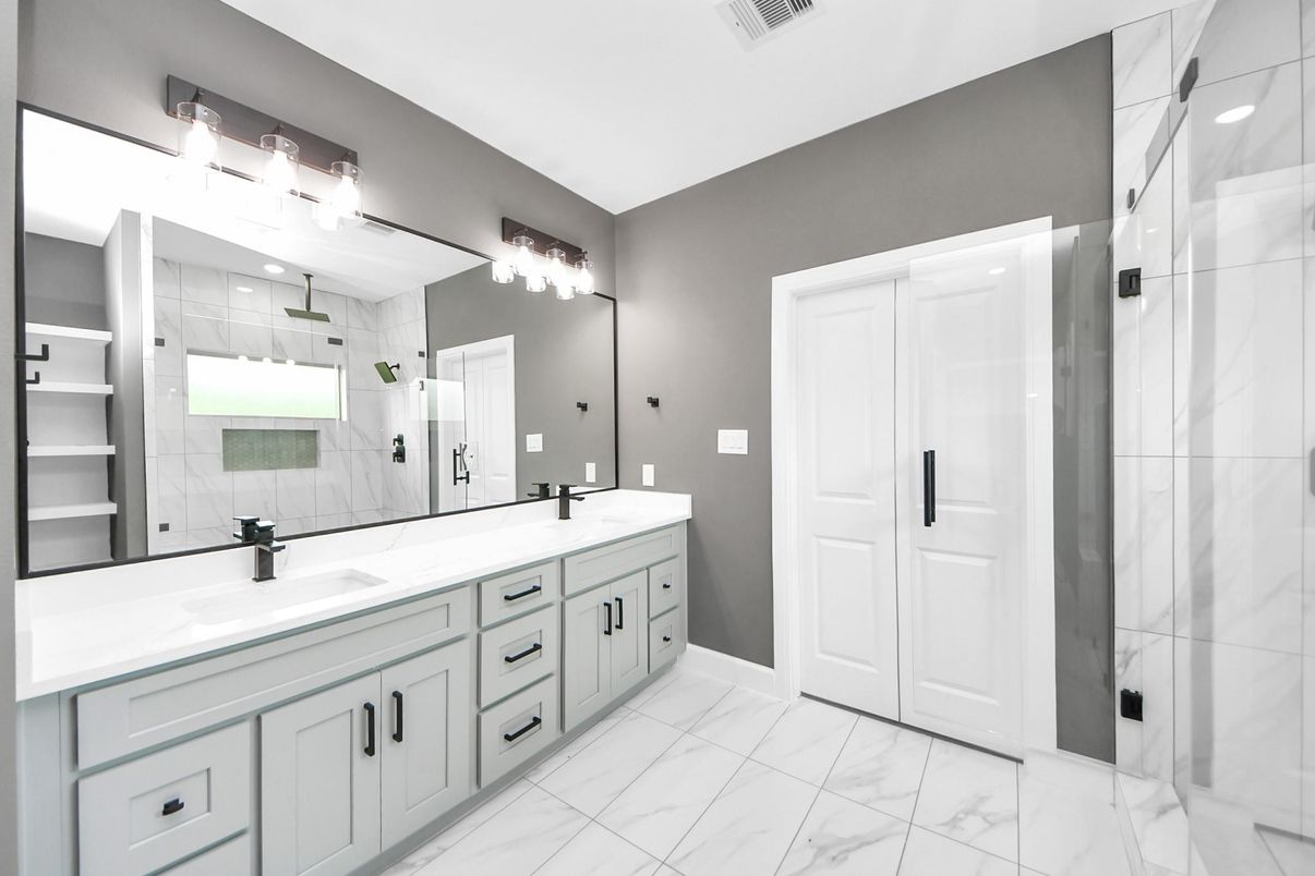 Bathroom, Dual Sink Vanities, Glass Shower, Interior, Marble, Marble Walls