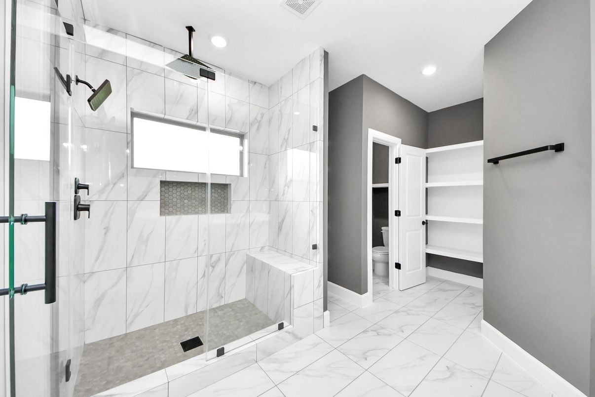 Bathroom, Glass Shower, Interior, Marble, Marble Walls, Recessed Lighting