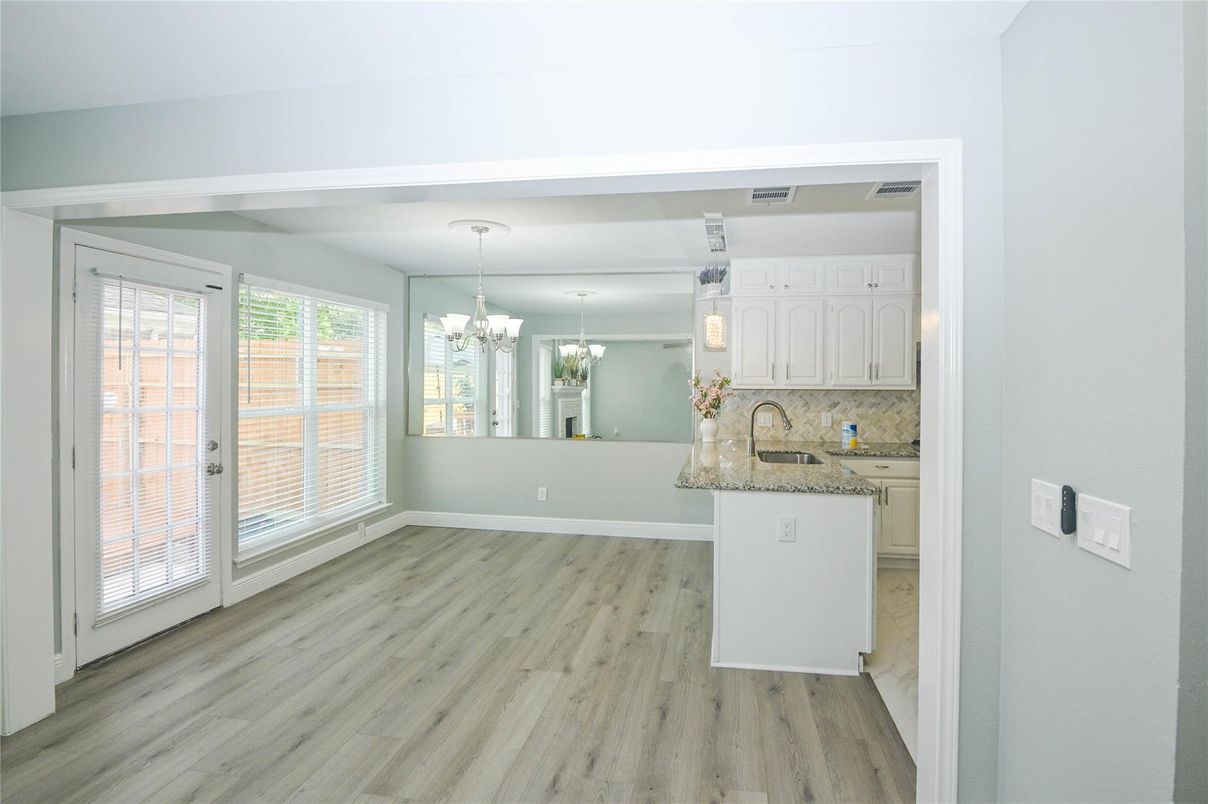 Chandelier, Empty room, Interior, Kitchen, Pendant Lights, Wood Texture Flooring