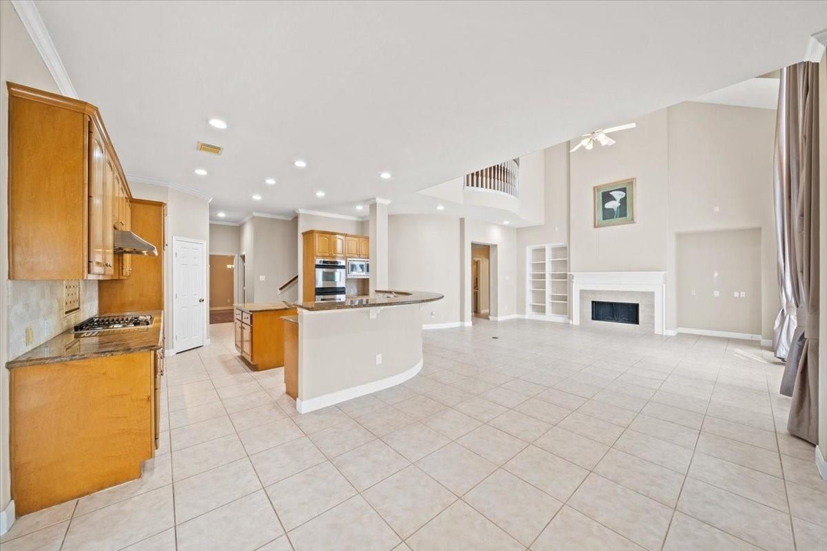 Fireplace, Interior, Kitchen, Recessed Lighting, Stainless Steel Appliances