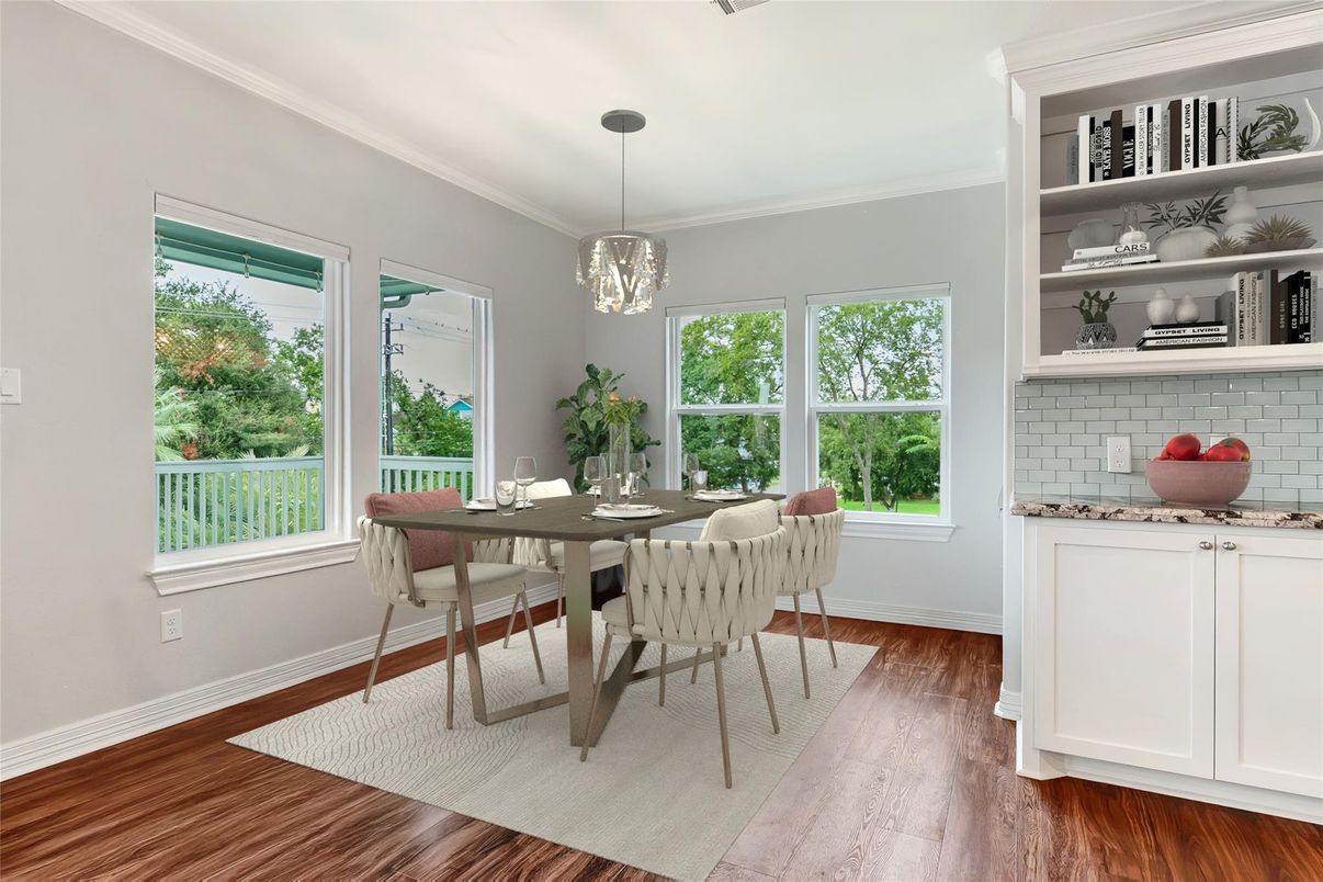 Dining room, Interior, Pendant Lights, Wood Texture Flooring