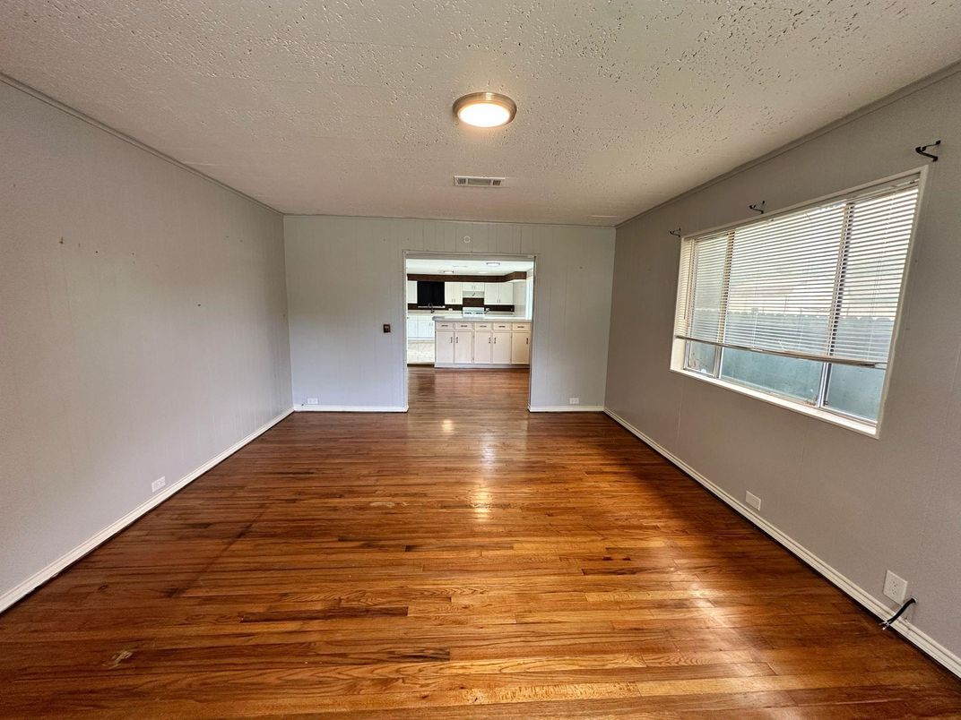 Empty room, Interior, Kitchen, Recessed Lighting, Wood Texture Flooring