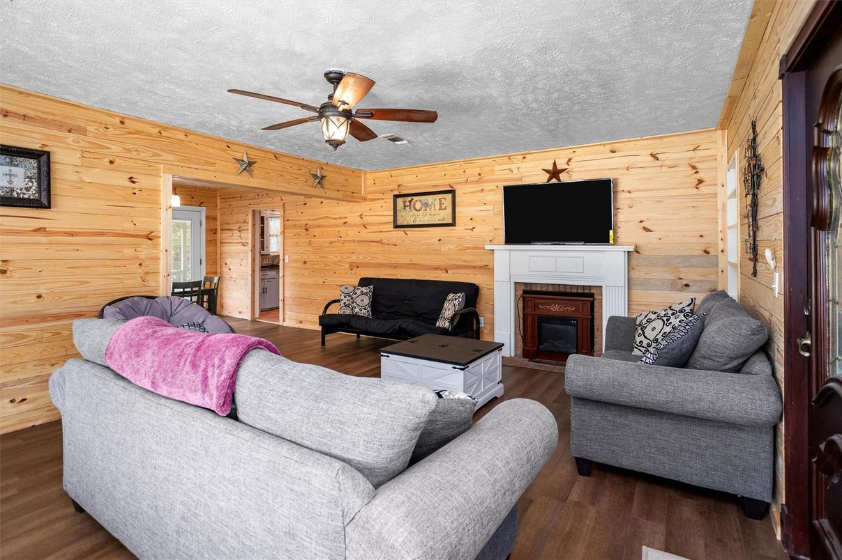 Fireplace, Interior, Living room, Wood Texture Flooring, Wooden Walls