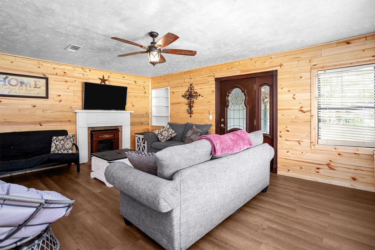 Fireplace, Interior, Living room, Wood Texture Flooring, Wooden Walls
