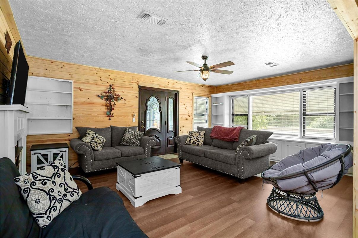 Fireplace, Interior, Living room, Wood Texture Flooring, Wooden Walls