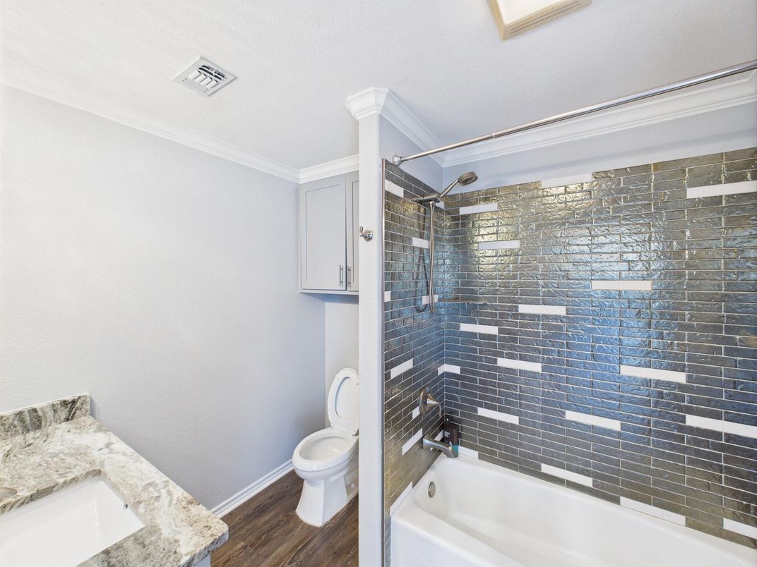 Bathroom, Glass Shower, Interior, Wood Texture Flooring