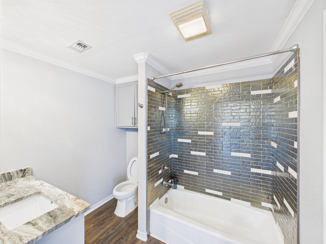Bathroom, Glass Shower, Interior, Wood Texture Flooring