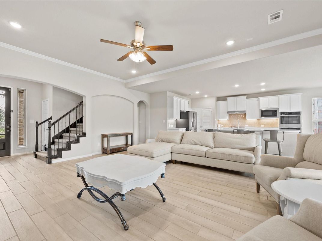 Interior, Kitchen, Living room, Recessed Lighting, Stainless Steel Appliances, Wood Texture Flooring