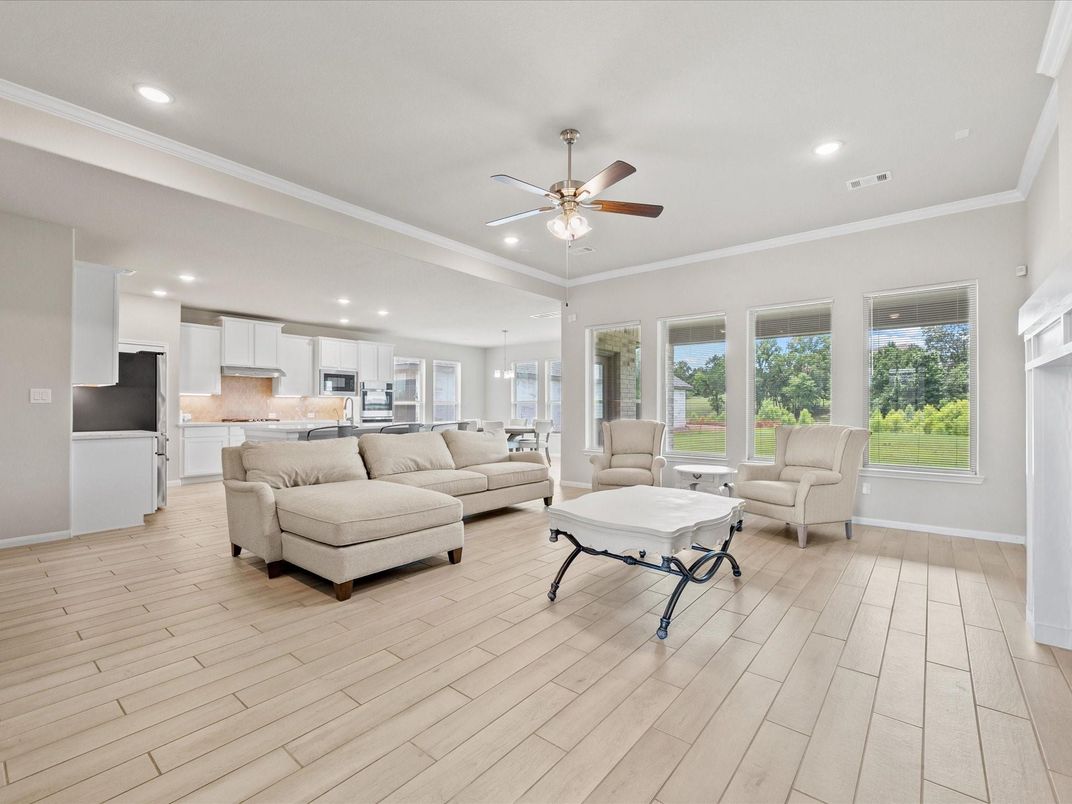 Interior, Kitchen, Living room, Pendant Lights, Recessed Lighting, Wood Texture Flooring