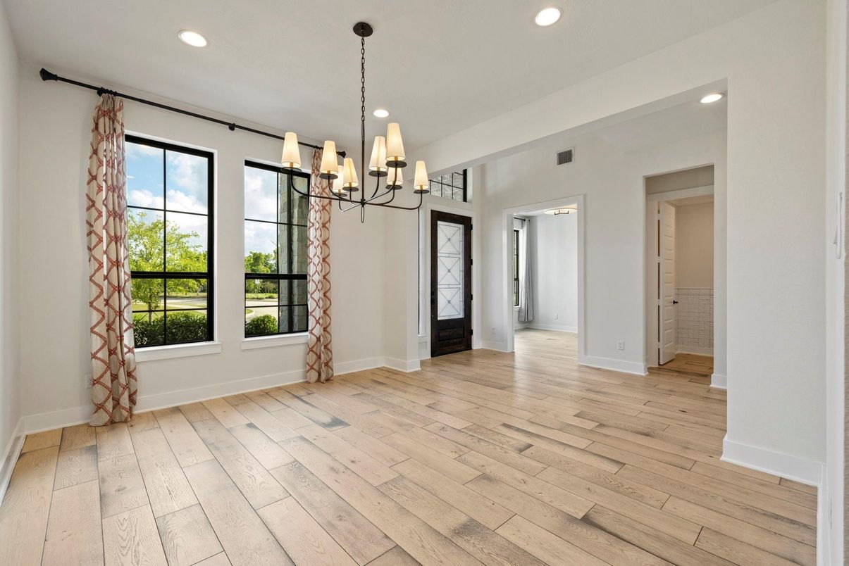 Chandelier, Empty room, Interior, Recessed Lighting, Wood Texture Flooring
