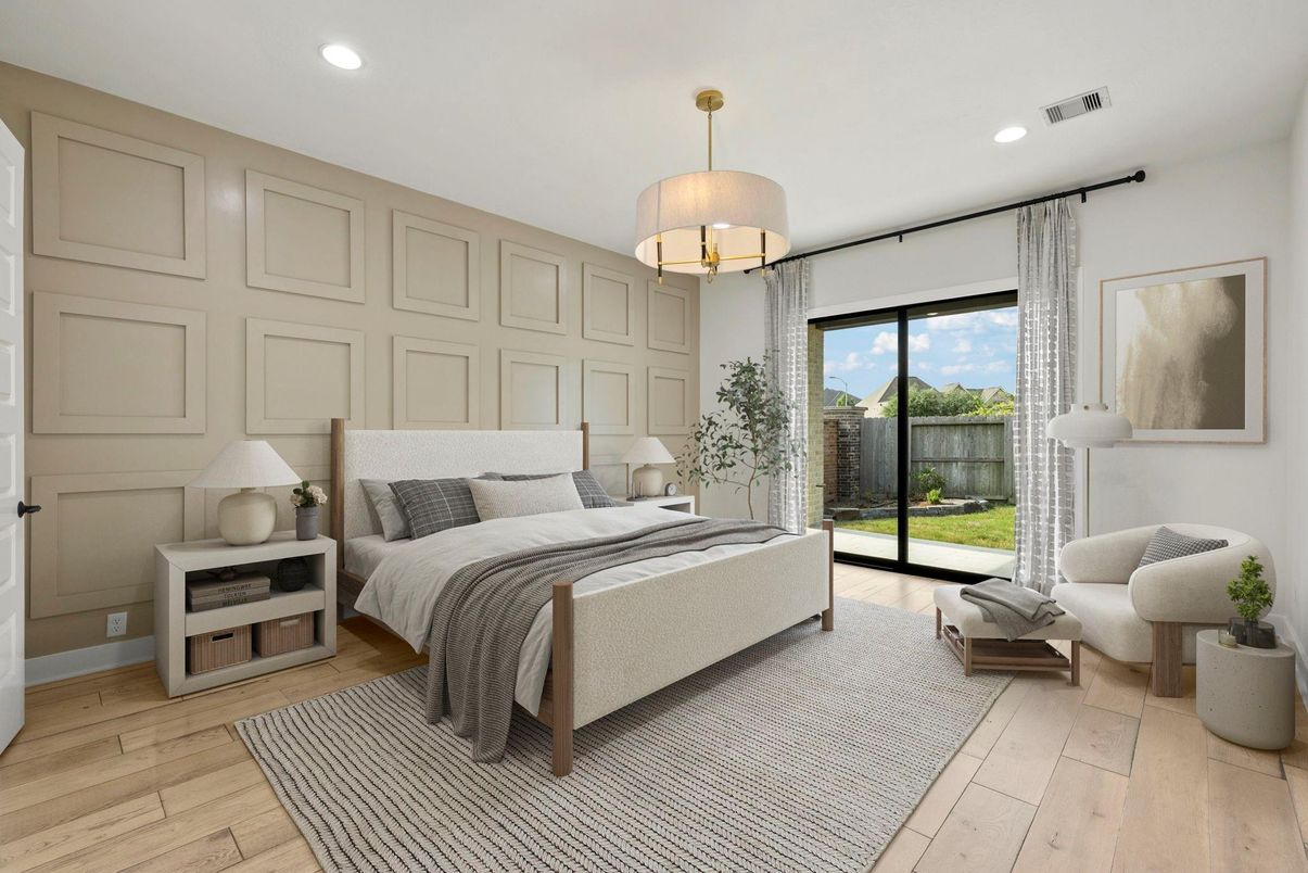 Bedroom, Interior, Recessed Lighting, Wood Texture Flooring