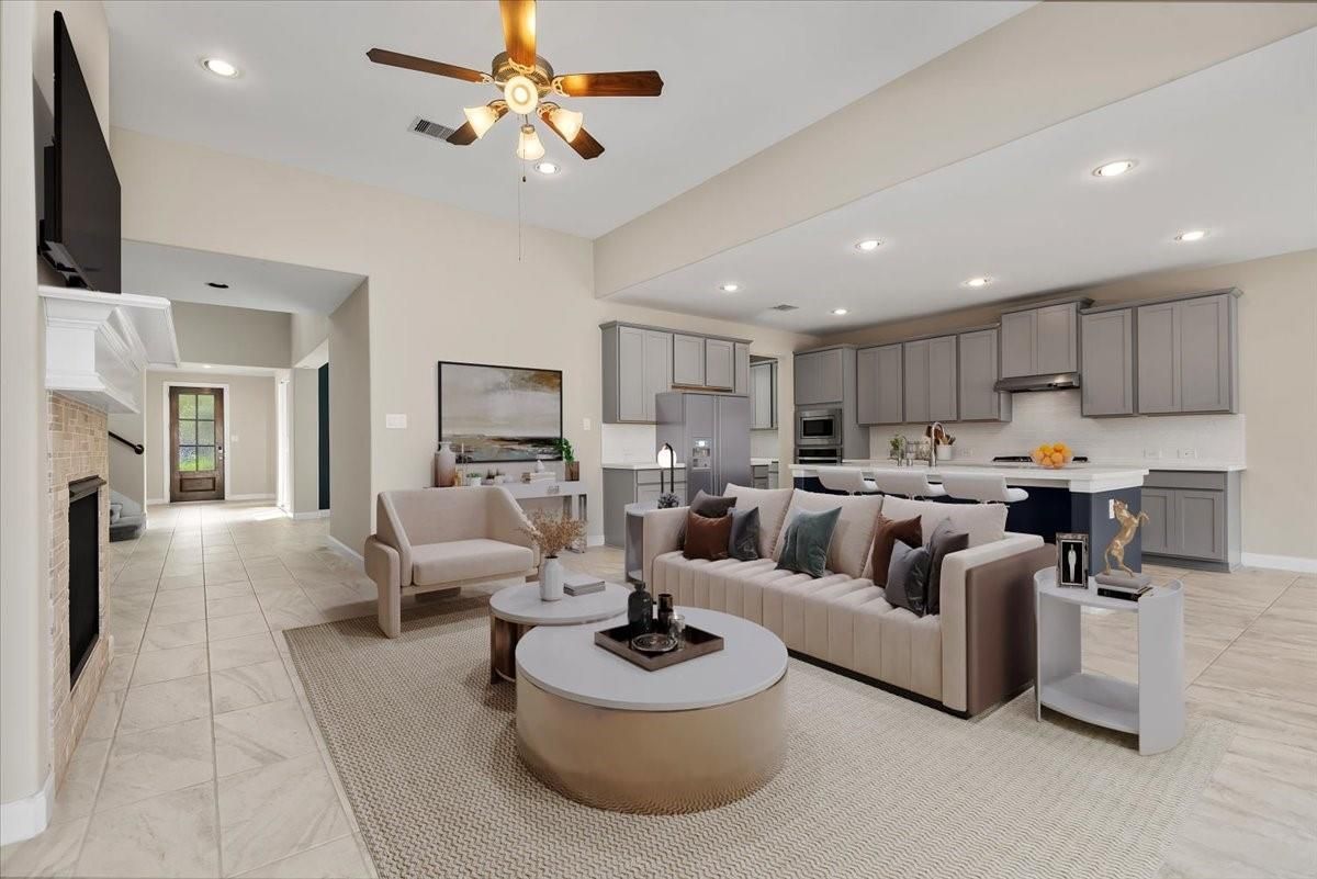 Fireplace, Interior, Kitchen, Living room, Marble, Recessed Lighting, Stainless Steel Appliances