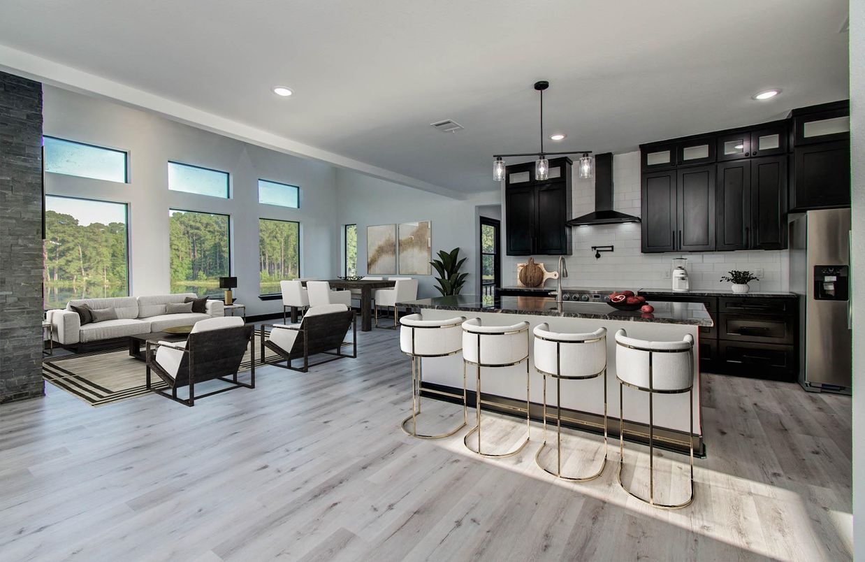 Dining room, Interior, Kitchen, Living room, Pendant Lights, Recessed Lighting, Stainless Steel Appliances, Wood Texture Flooring