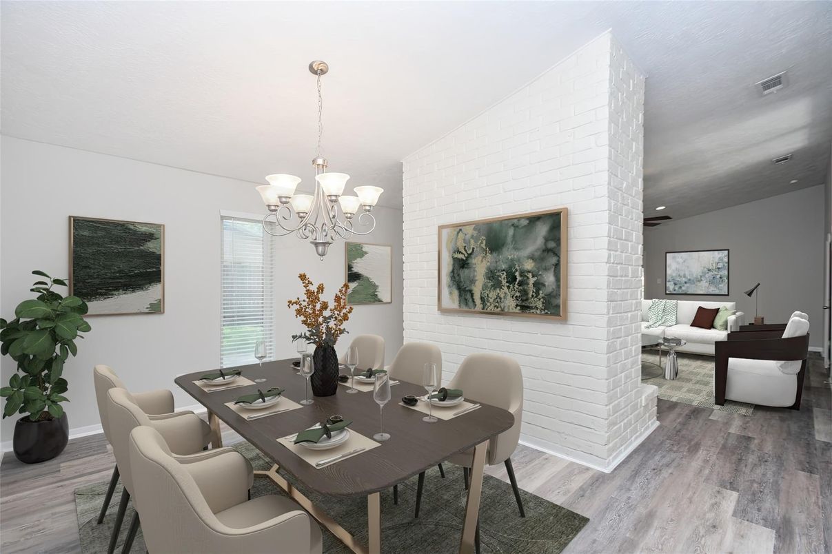 Chandelier, Dining room, Interior, Living room, Stone Walls, Wood Texture Flooring