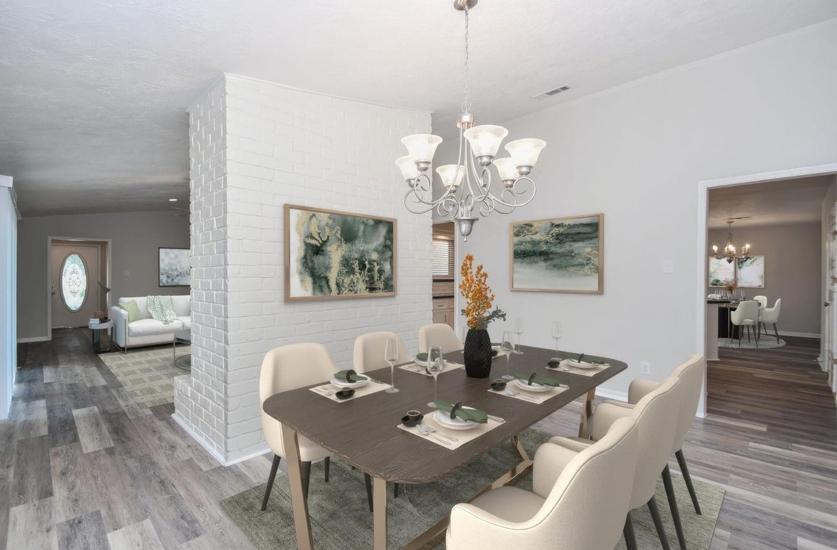 Chandelier, Dining room, Interior, Stone Walls, Wood Texture Flooring