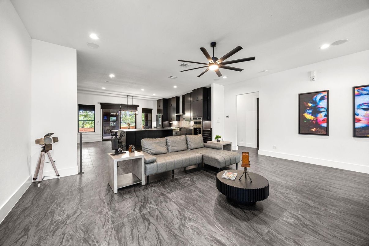Interior, Kitchen, Living room, Marble, Recessed Lighting, Stainless Steel Appliances, Wood Texture Flooring
