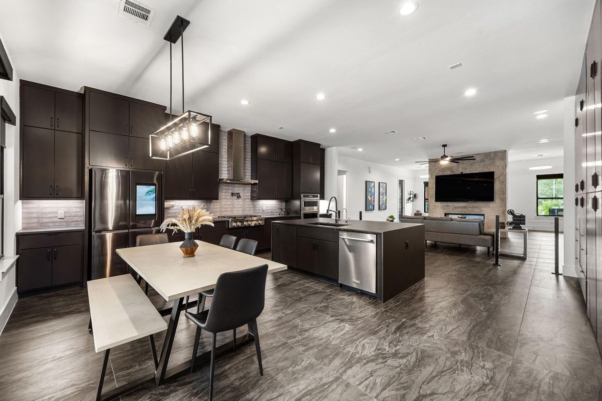 Dining room, Interior, Kitchen, Marble, Pendant Lights, Recessed Lighting, Stainless Steel Appliances