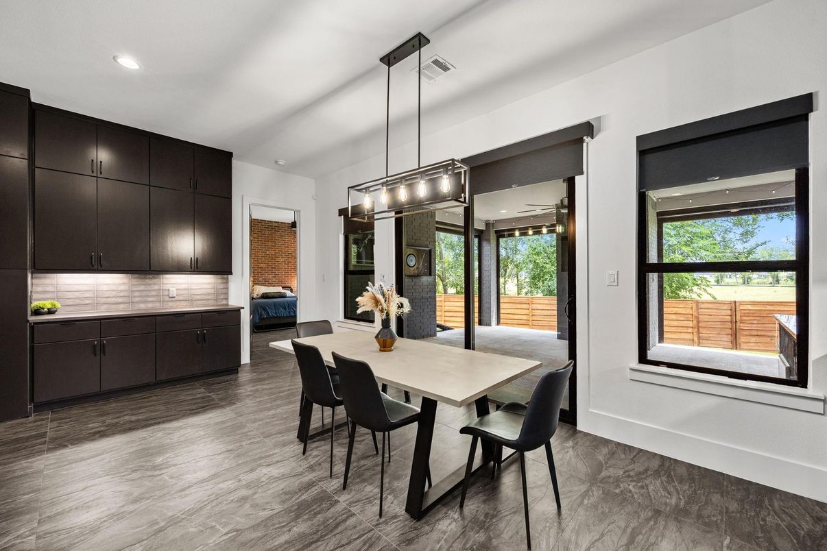 Dining room, Interior, Pendant Lights, Recessed Lighting, Wood Texture Flooring