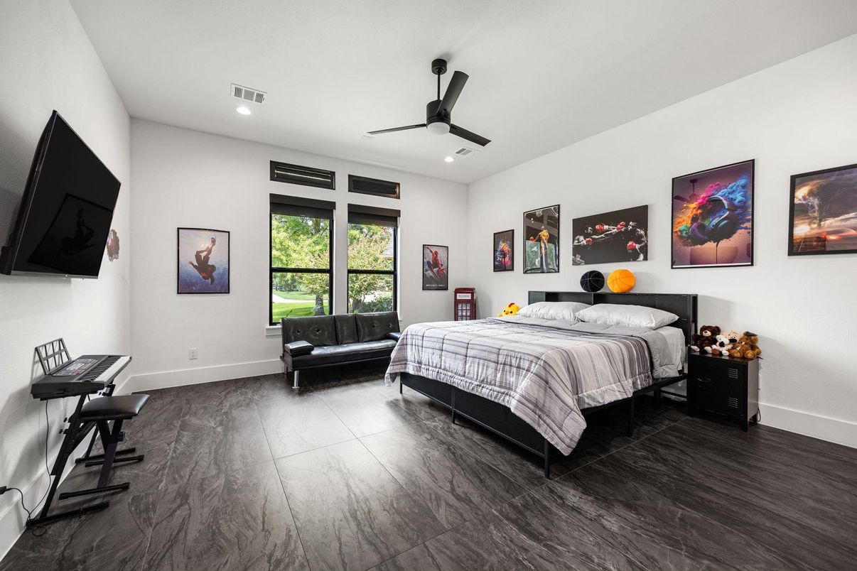 Bedroom, Interior, Recessed Lighting, Wood Texture Flooring