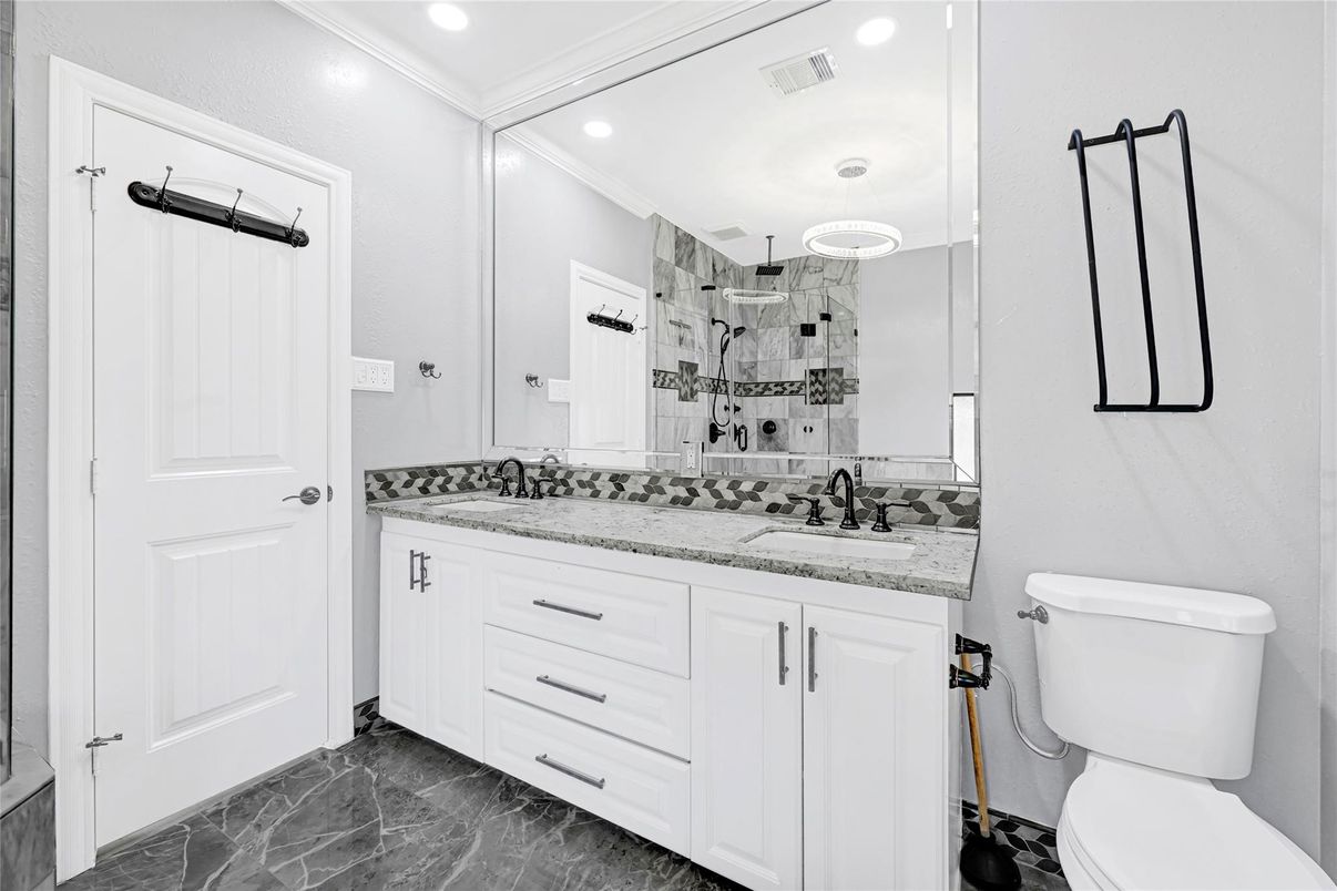 Bathroom, Dual Sink Vanities, Interior, Marble, Recessed Lighting