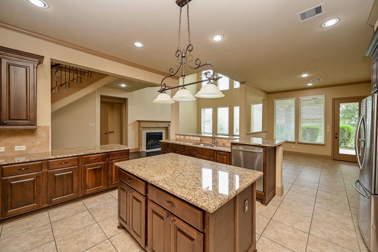 Fireplace, Interior, Kitchen, Pendant Lights, Recessed Lighting, Stainless Steel Appliances