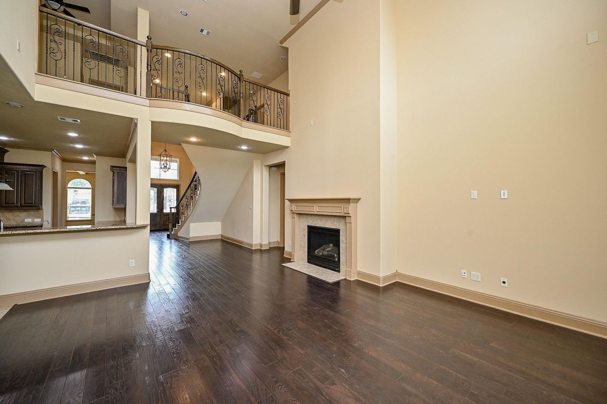 Fireplace, Interior, Pendant Lights, Recessed Lighting, Wood Texture Flooring