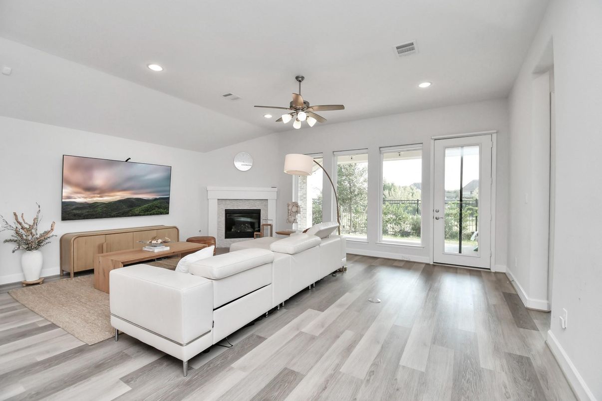 Fireplace, Interior, Living room, Recessed Lighting, Wood Texture Flooring