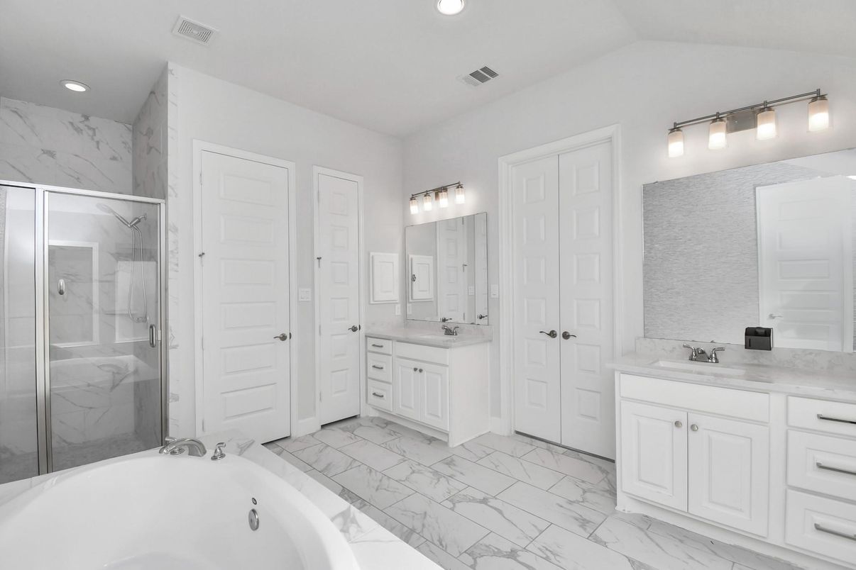 Bathroom, Dual Sink Vanities, Glass Shower, Interior, Marble, Marble Walls, Recessed Lighting