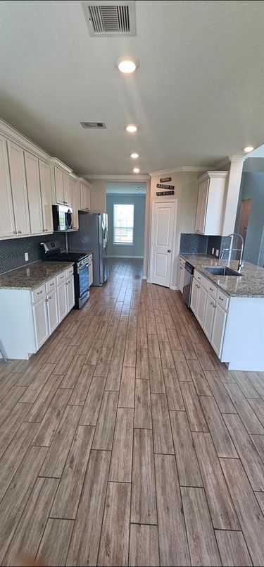 Interior, Kitchen, Recessed Lighting, Wood Texture Flooring