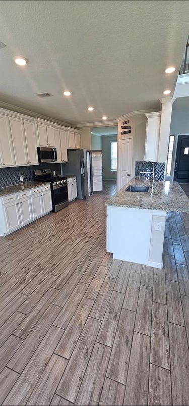 Interior, Kitchen, Recessed Lighting, Wood Texture Flooring